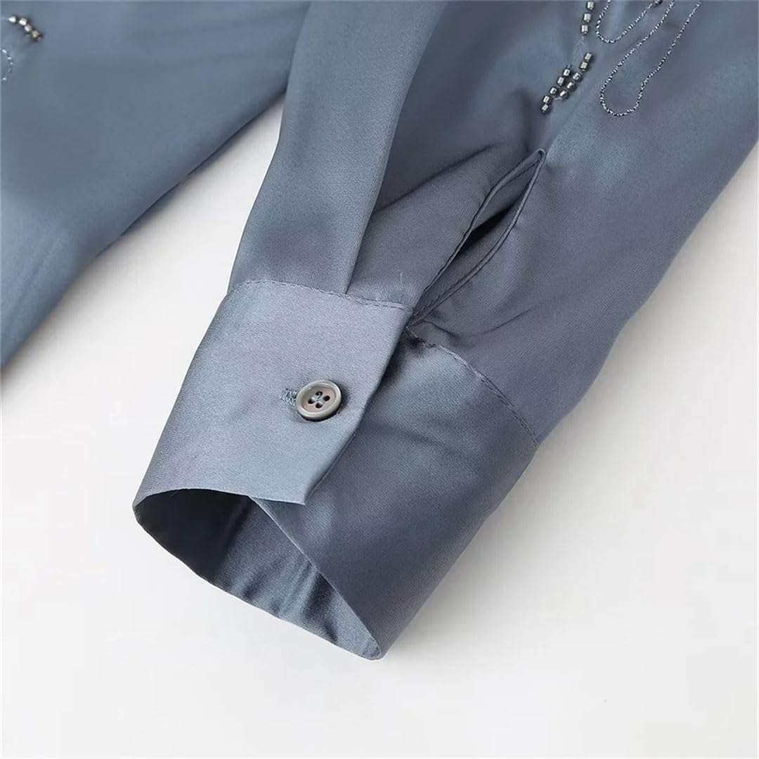 Stile delle donne Flip Collar con perline ricamato camicia, vita alta gamba dritta pantaloni Set