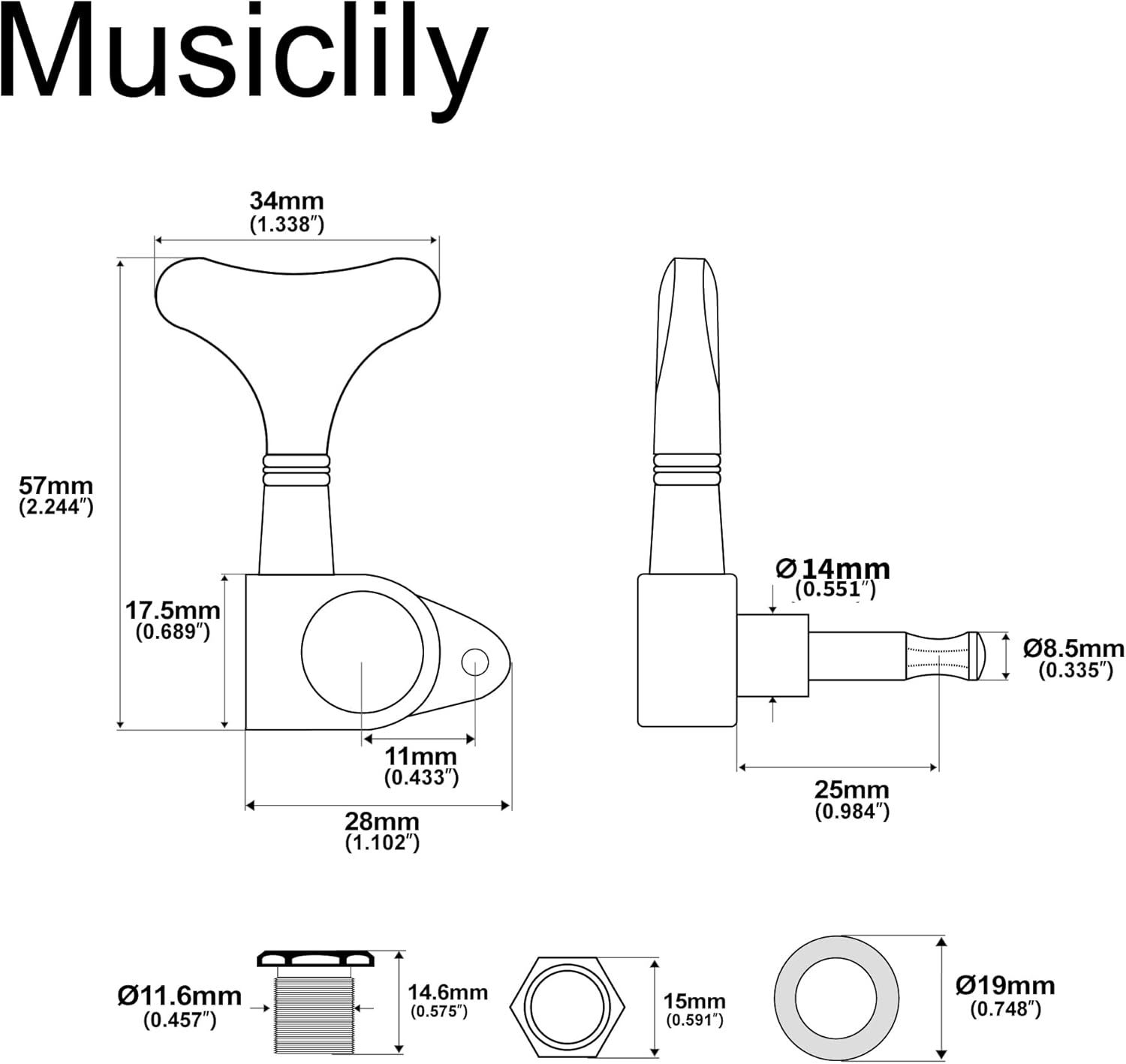 Musiclily Pro 2R2L 17:1 Ratio Full Sealed Bass Tuners Tuning Keys Pegs Machine Heads Set with Y-Style Button for Ibanez Style Electric Bass, Gold