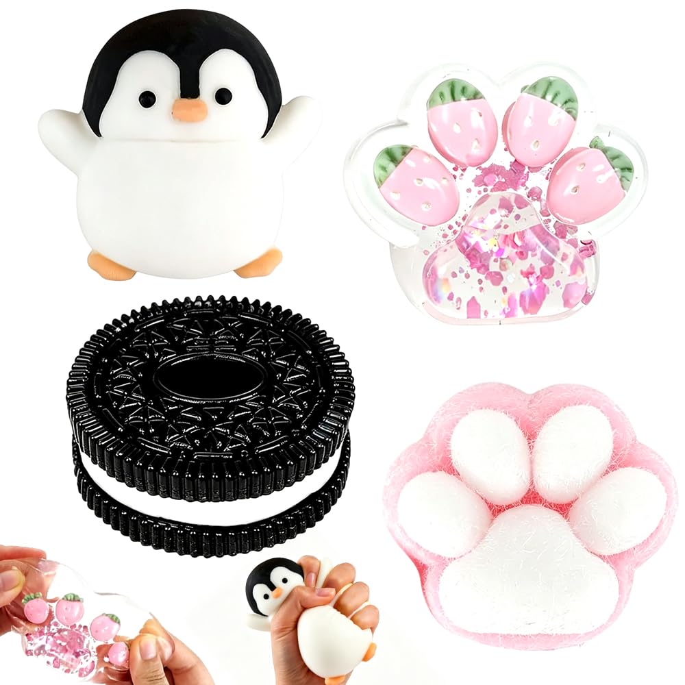 4pcs Squishy Set, Biscuit Cat Paw Penguin Squishy Toy, Soft Slow Stress Balls for Adults, Sensory Stress Relief Toys, Squeezeable Fidget Toys to Anxiety Relief — image 1