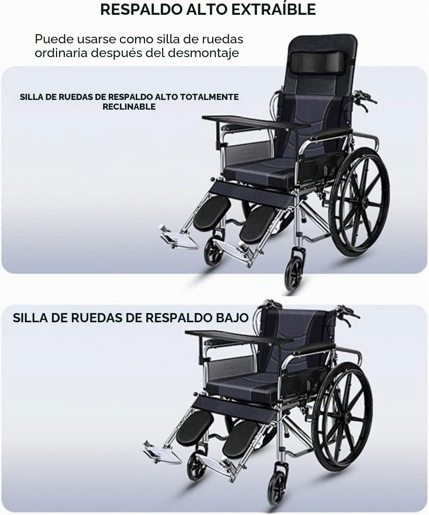 Silla de ruedas plegable reclinable Silla con inodoro Respaldo alto Reposacabezas extraíble Reposapiernas elevadoras Sillas de ruedas para discapacitados y ancianos