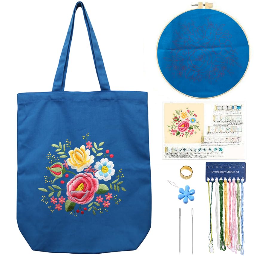 CREAWONDER Hand Embroidery Kits for Bag, Embroidery Kit Bag with Pattern for Beginners, Arts and DIY Embroidery Crafts Kits for Adults, Include Instructions, Embroidery Hoops, Color Threads and Tool