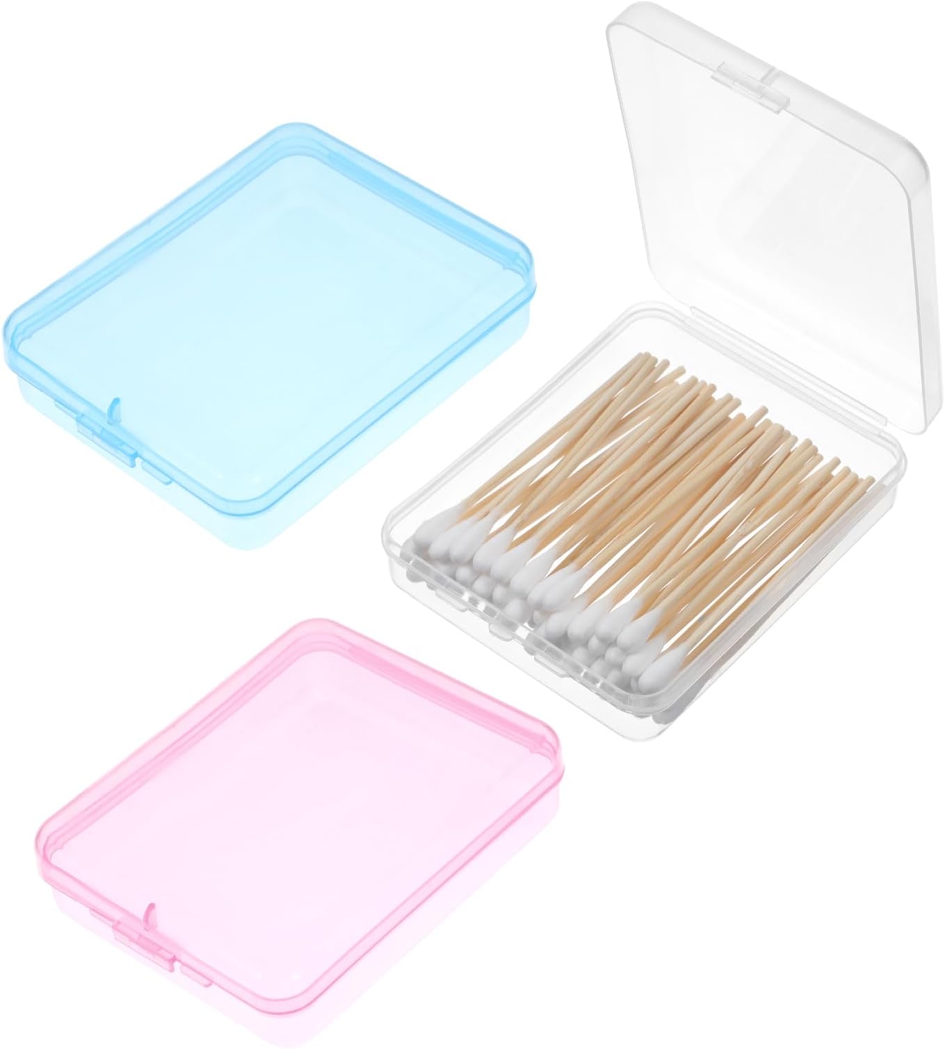 Dimeho 3 Pcs Portable Travel Cotton Swab Holder, Qtip Travel Case Small Hair Tie Container Cosmetic Sponge Storage Organizer Bathroom Cotton Pad Holder Flosser Dispenser with Lid (Clear/Blue/Pink)