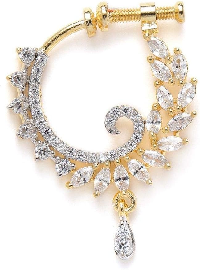 Delicate Gold Plated Contemporary Style American Diamond Embellished Designer Clip On/Non-Piercing Nose Pin/Nathani for Women and Girls Pack of 1