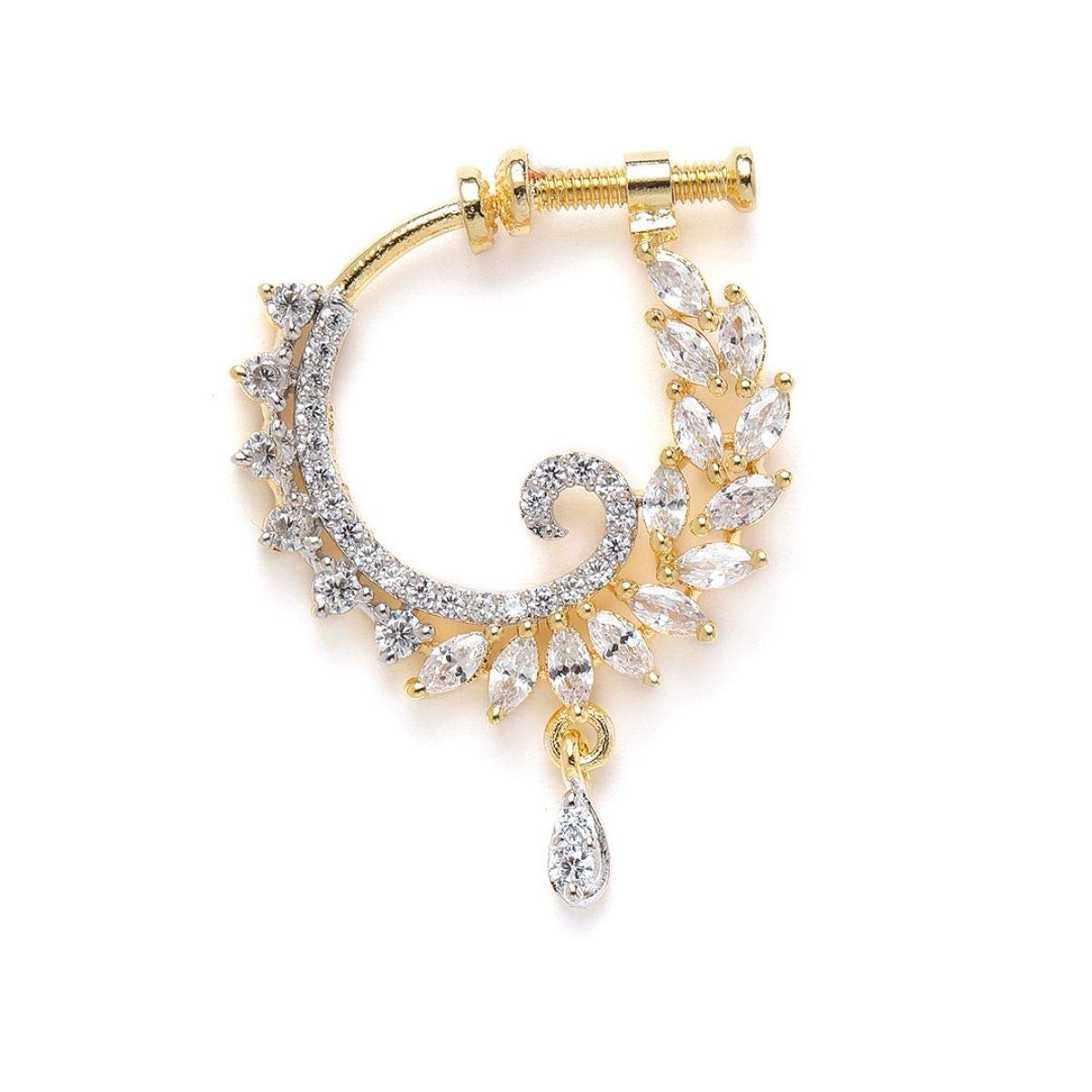ACCESSHERDelicate Gold Plated Contemporary Style American Diamond Embellished Designer Clip On/Non-Piercing Nose Pin/Nathani for Women and Girls Pack of 1