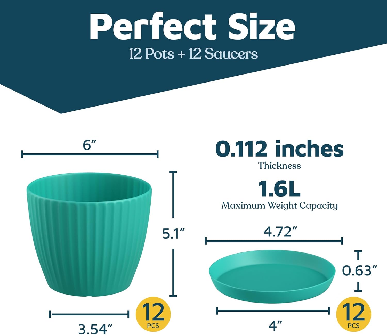 Aqua 6-Inch Plant Pots with Drainage & Saucers 12 Pack, Indoor & Outdoor Planters for Houseplants, Herbs, and Flowers, Durable & Weatherproof Material, Stackable, Lightweight, Minimalist Design