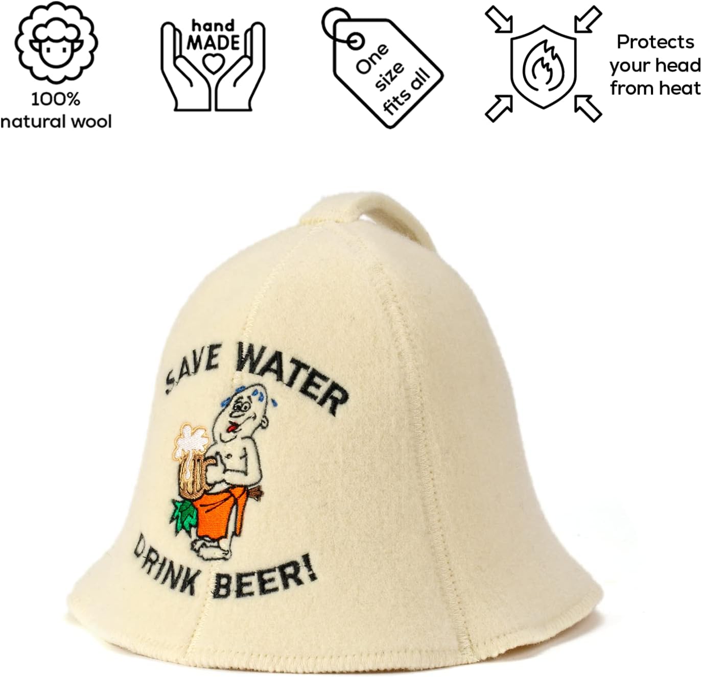 Save Water Hat, 100% Organic Wool Felt Sauna Cap, Banya Hat Sauna Hair Protector, Sauna Accessories Embroidered Hat, Russian Sauna Hat, Sauna Gifts for Men and Women, Sauna Room Accessory