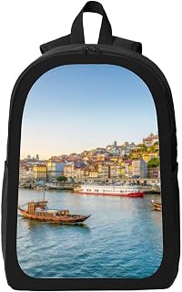 Scenic view the city Porto Portugal warm winter sunset light boats Backpack for Women Men Travel Laptop College Bookbag