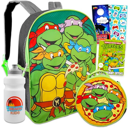 Teenage Mutant Ninja Turtles Conjunto de mochila com lancheira – Pacote com mochila TMNT de 38 cm, lancheira, garrafa de água, adesivos, mais | Mochila TMNT para meninos