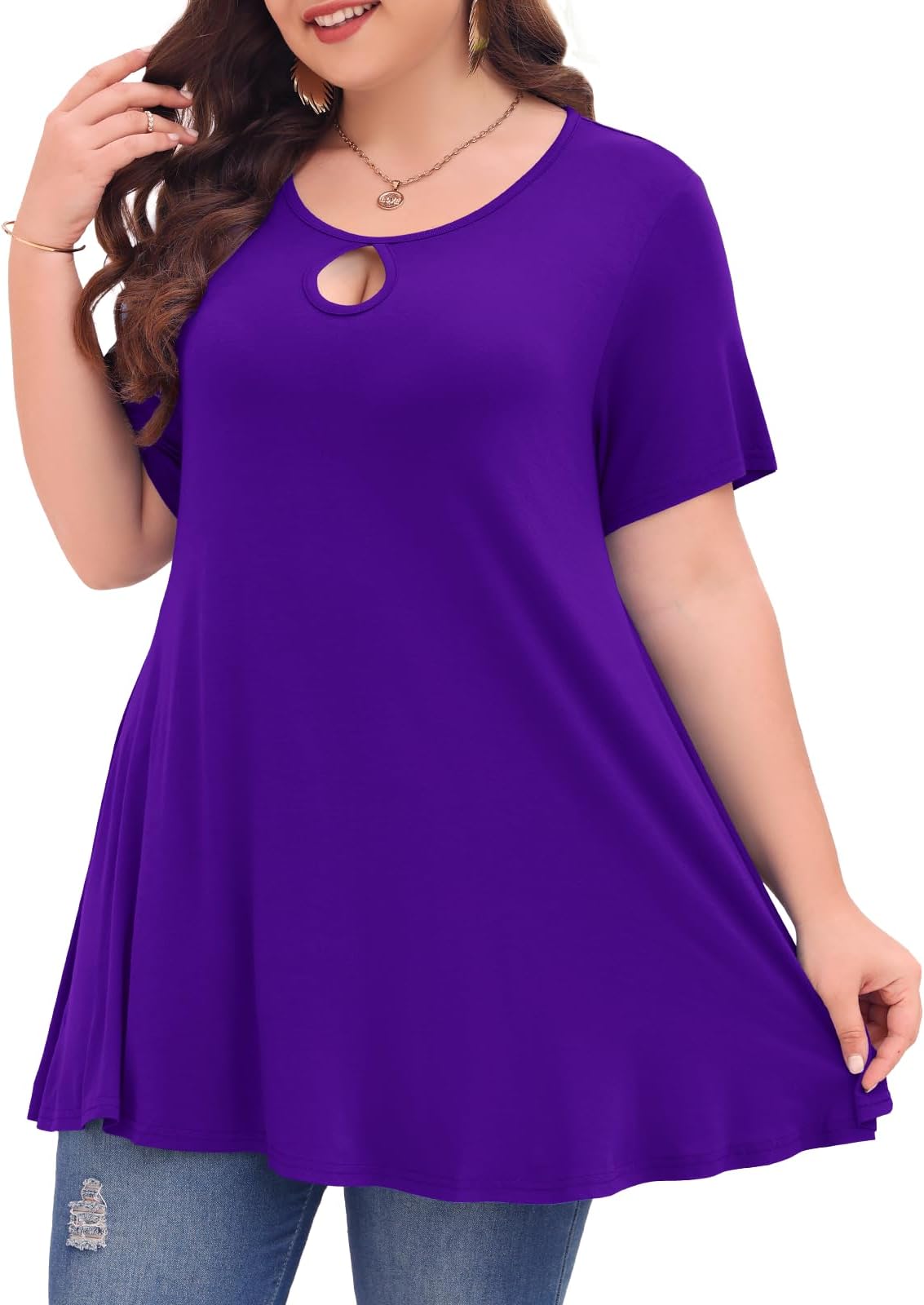 MONNURO Womens Plus Size Keyhole Short Sleeve Tops Summer Sexy Swing Tunics Casual Loose Flowy Shirts