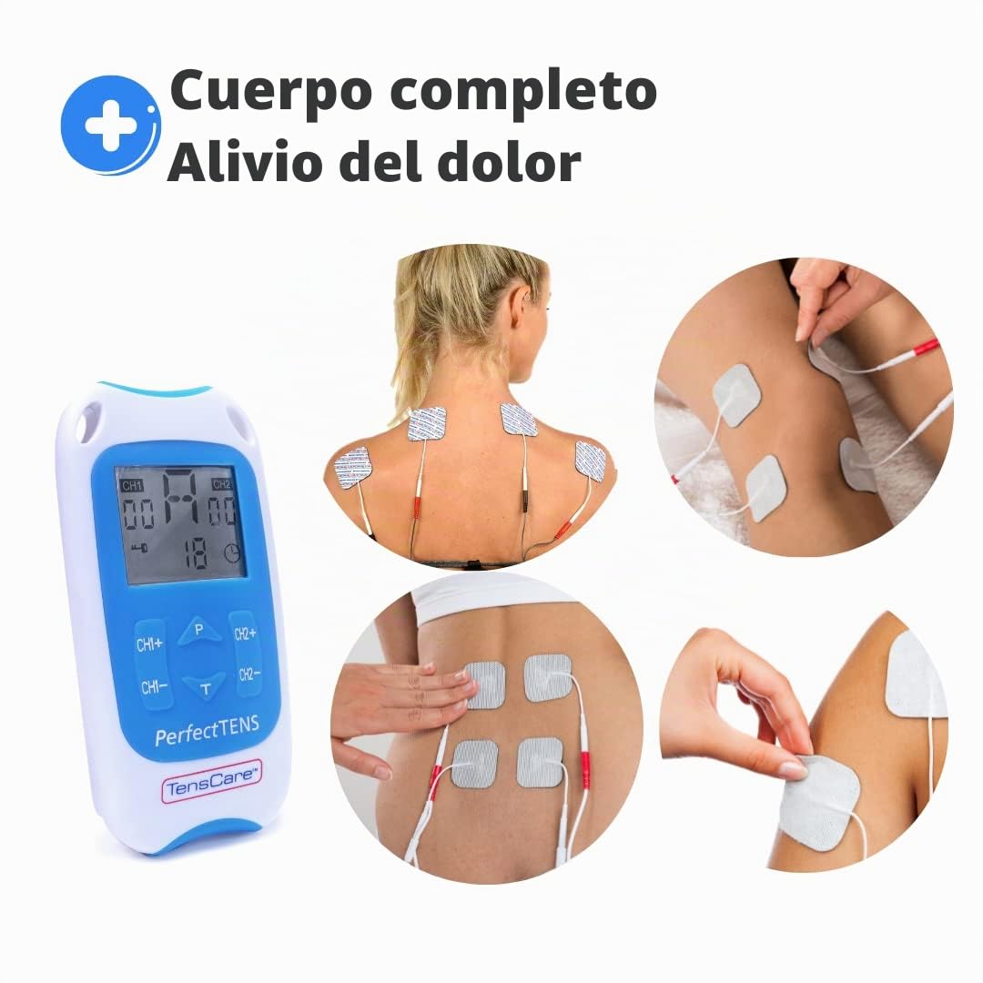 TensCare Perfect TENS con 16 electrodos para un alivio eficaz del dolor | 2 canales y 8 programas para dolores de espalda, articulaciones, músculos y crónicos.