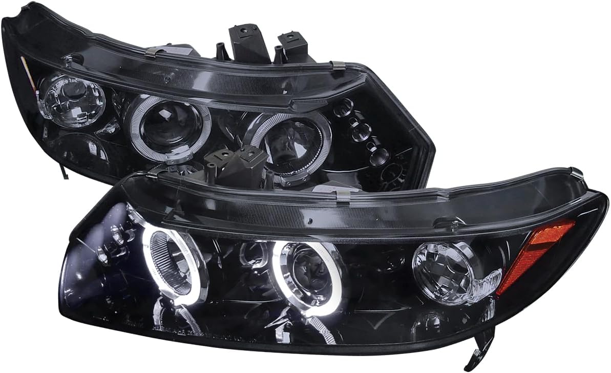 Dual Halo Projector Headlights (Black Housing/Smoke Lens) Made for and Compatible with 2006-2011 Honda Civic Coupe