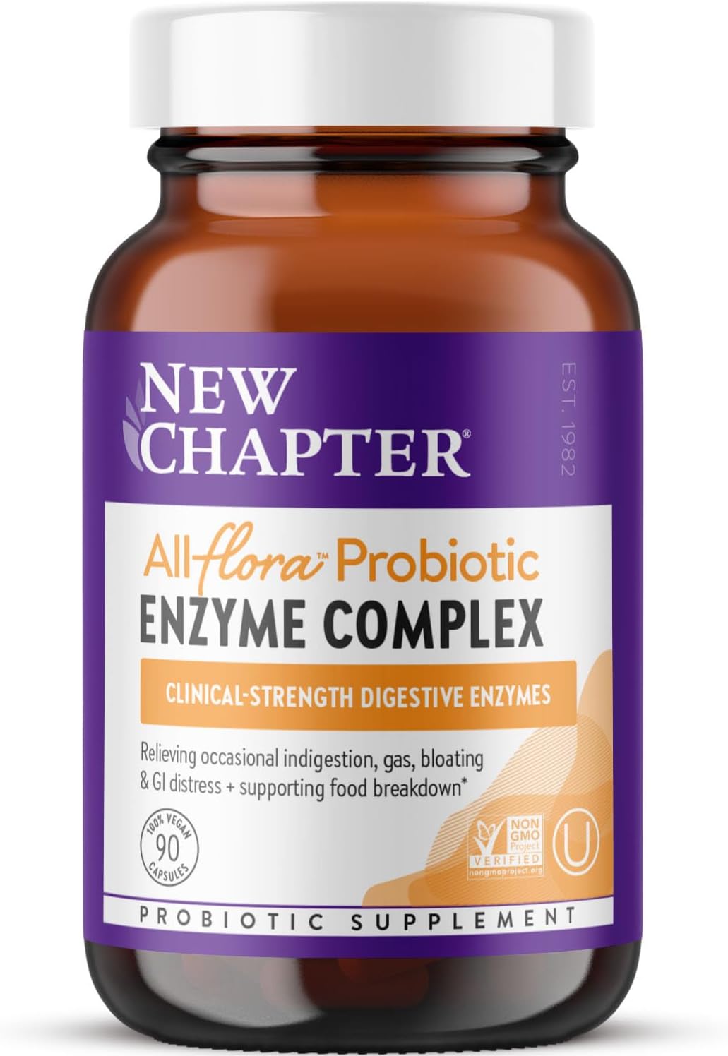 New Chapter All-Flora Enzyme Complex with Probiotics Relieves Bloating & Gas - Clinical-Strength Digestive Enzymes + Ultra-Concentrated Probiotics + Fermented Vitamin B12, 90 Vegan Capsules