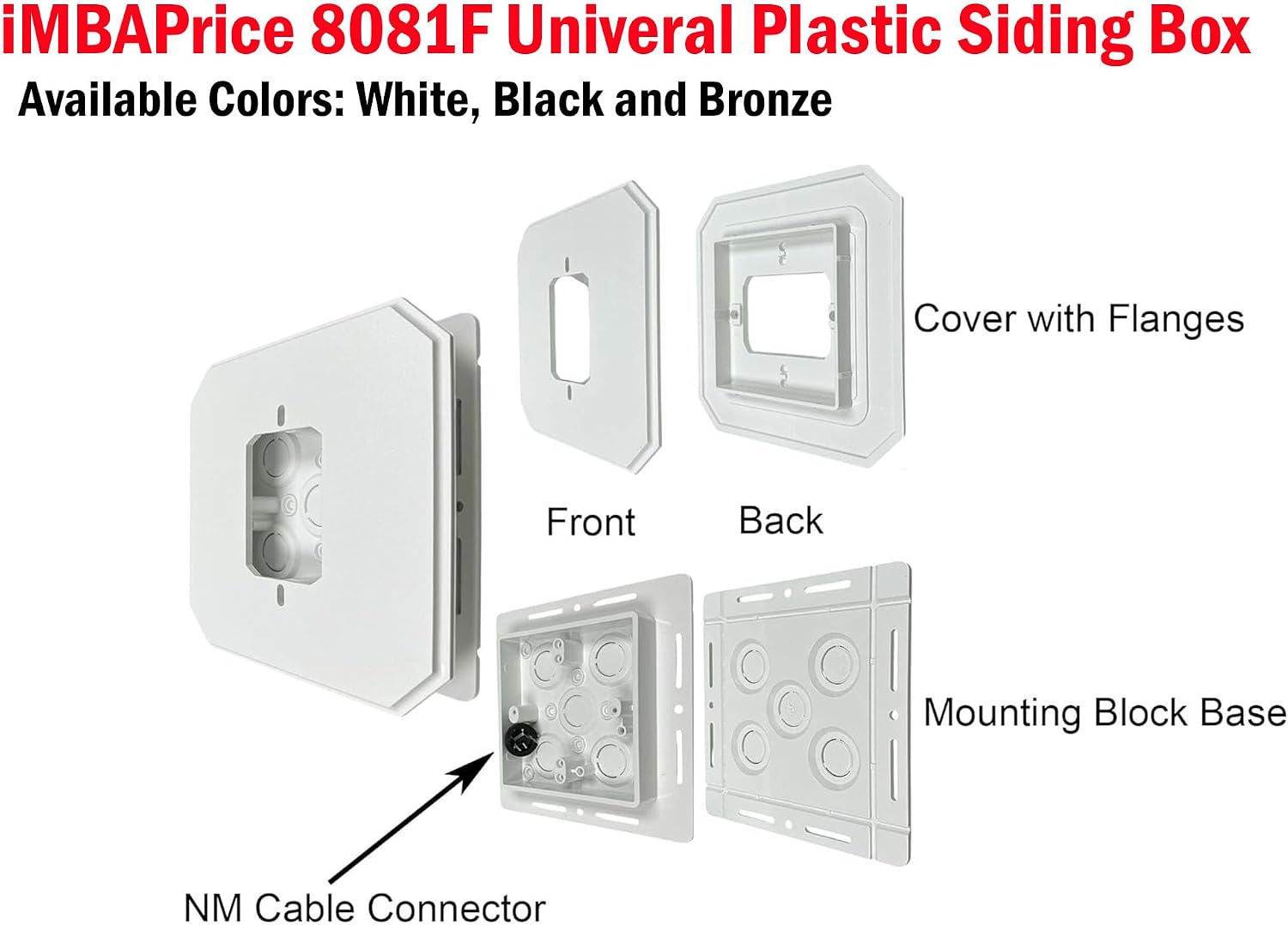 iMBAPrice 8081F-1BK Universal Siding Mounting Block 6.5" x 6.5", Black Non-Metallic Light Fixture Mounting Plate with Flanges for Exterior Lights & Receptacles, Siding Block, 1 Pack