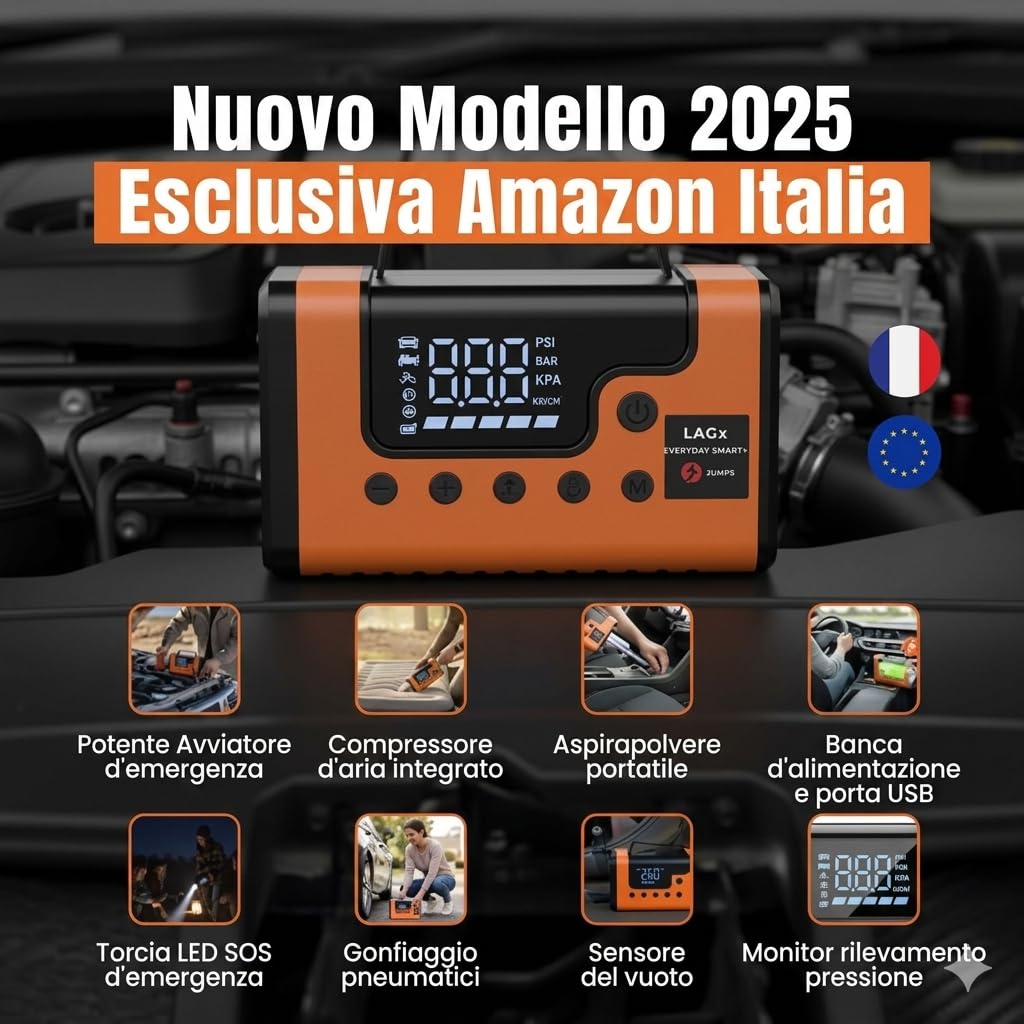 (Tutto in 1) Avviatore Batteria Auto 10.000A + Compressore Pneumatico (Avviatore Batteria, Booster Batteria Moto, Jump Starter, Caricabatteria Auto, Caricabatteria da Auto), Batteria Campeggio