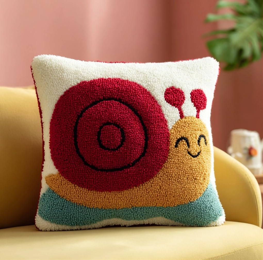 Taxpy Latch Hook Cushion Kits for Adults Smiling Snail 43Cmx43Cm DIY Hooks Knitted Embroidered Carpet Pillow Needlework Pillow Cover Embroidery Latch Hook Carpet Kit