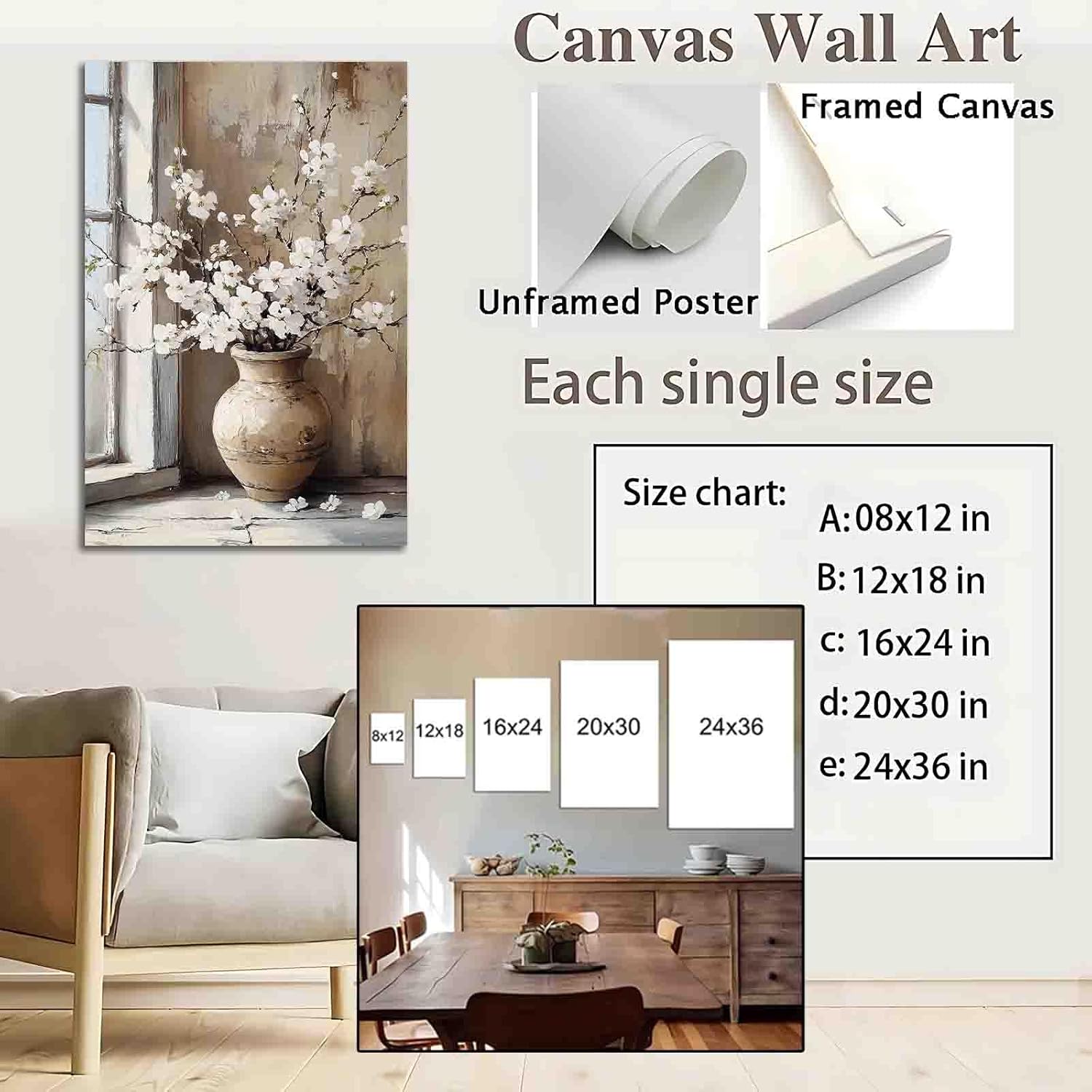 FOTRIC Neutral Botanical Pictures Wall Decor Flower Vase Wall Art Home Decor Botanical Wall Art Rustic Farmhouse Botanical Posters Flower Pictures Decor for Bathroom Bedroom Framed 20x30 inch