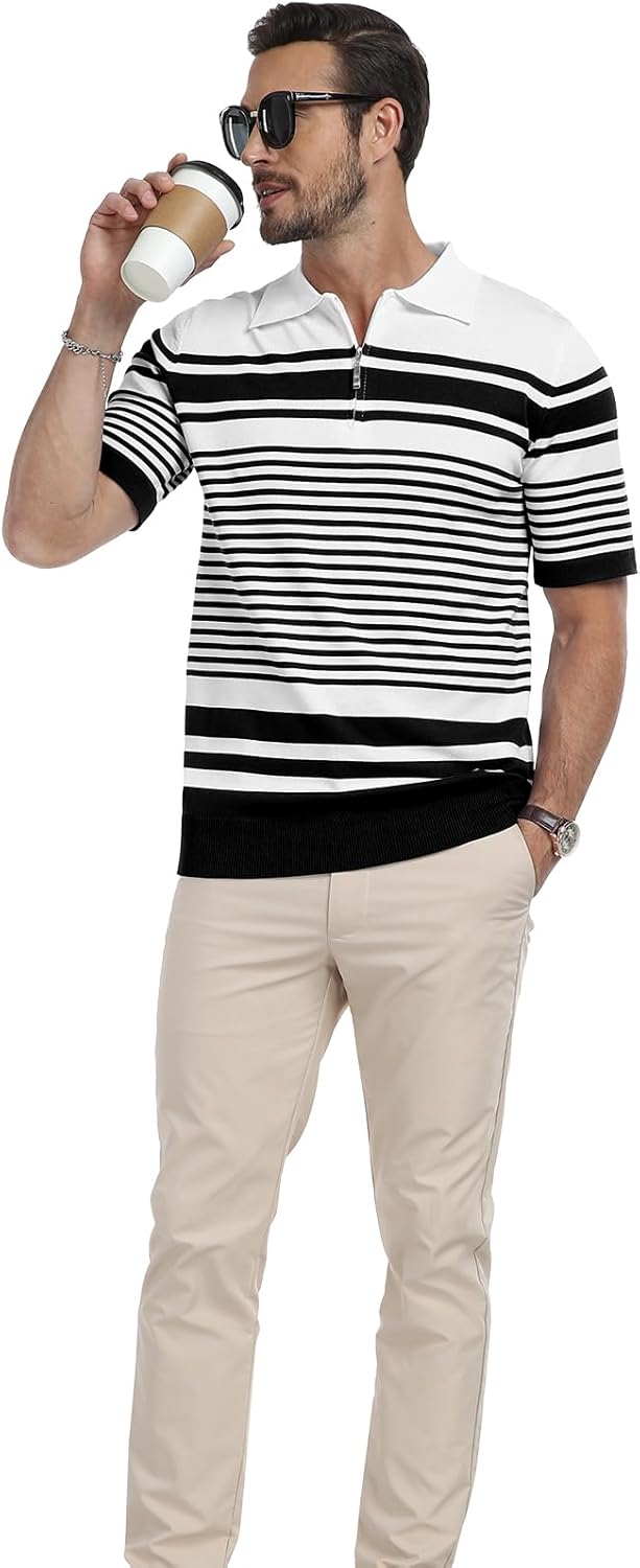 KUYIGO Men's Knit Collared Polo Shirts Short Sleeve Zipper Striped Tops Classic Fit Casual Soft T-Shirt - Image 6