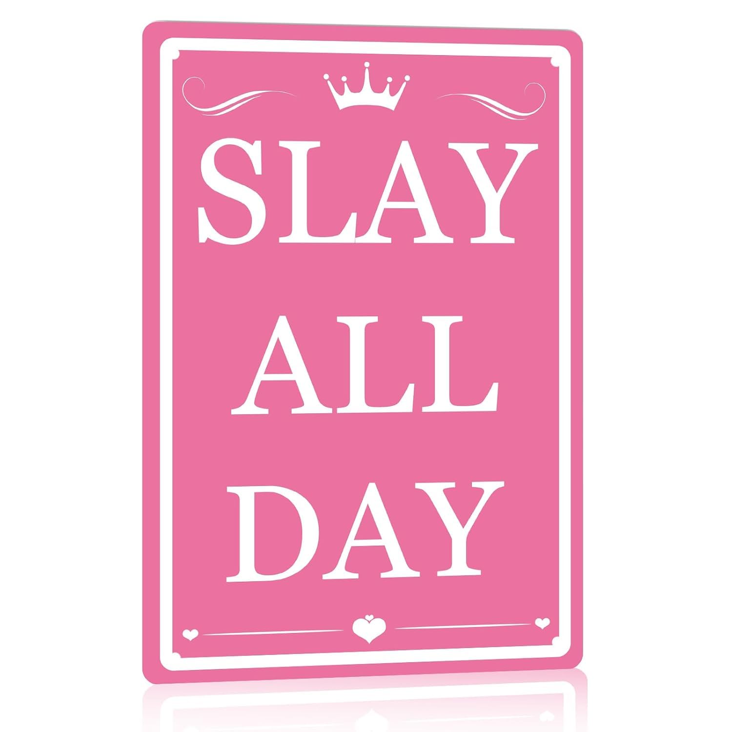 Yivxa Women's Tin-844 Cute Room Decor For Teen Girls Bedroom Aesthetic Slay All Day Sign Preppy Posters Pink Room Signs Decor Girl Dorm Room Wall Decor Cute Things For Teens Girls Trendy Stuff Metal 12X8 Inch