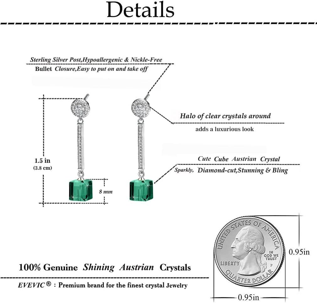 Cube Austrian Crystal Drop Long Dangle Earrings for Women 925 Sterling Silver Post Hypoallergenic Jewelry - Image 4