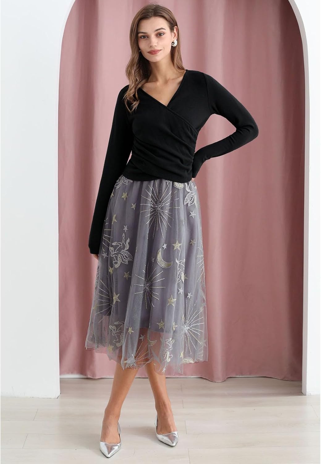 CHICWISH Women Casual Cross Wrap Ruched V Neck Long Sleeves Tops Slim Fitted T Shirt Basic Solid Tunic Black Tops - Image 3