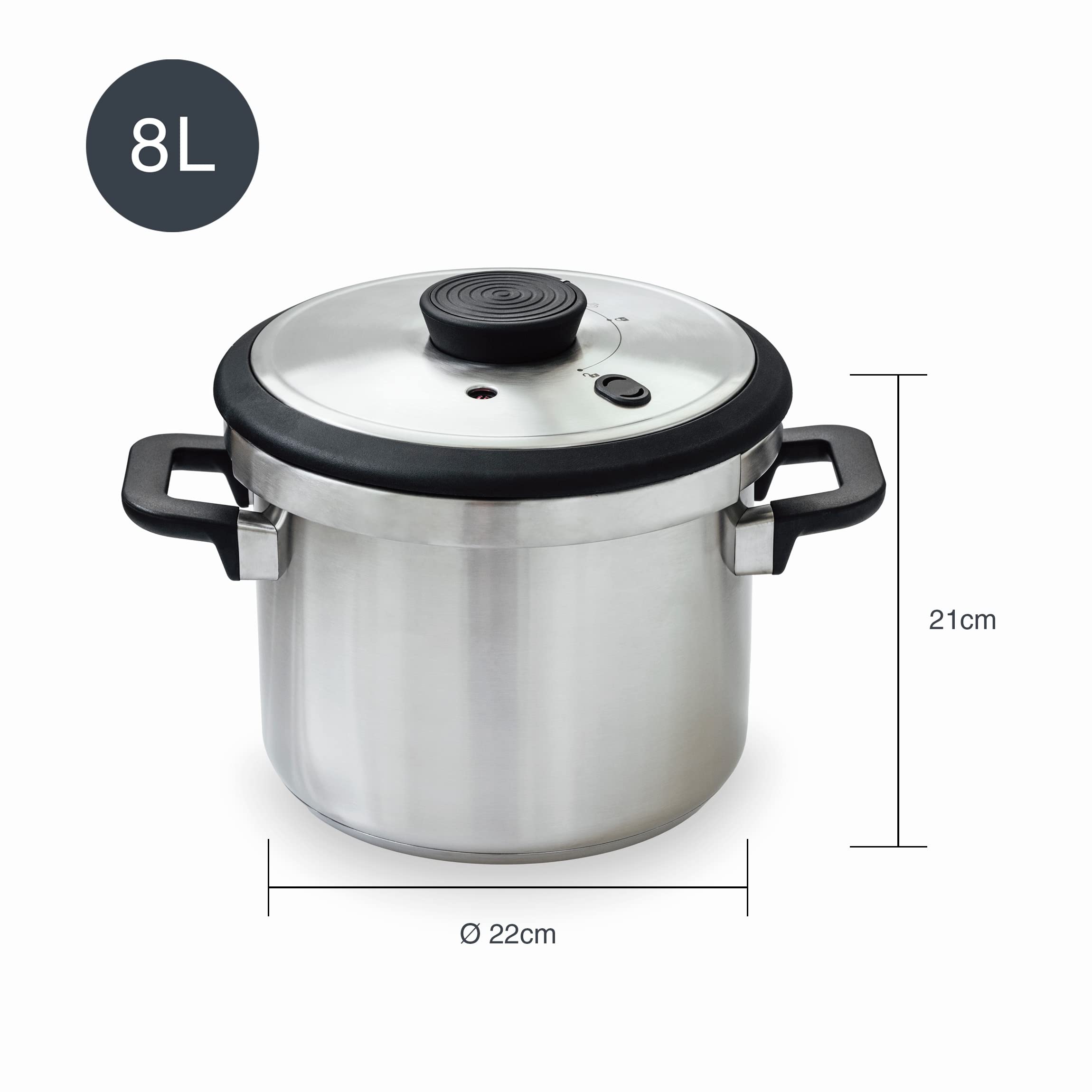 LACOR - 71788 - Olla a presión Súper rápida con Asas Termorresistentes Sicuro - Inducción - Acero Inoxidable 18/10 - Fondo termodifusor - 8L - 22cm.