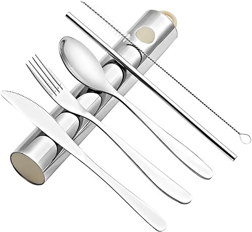 Miniatura 1 de YBOBK HOME Juego de cubiertos portátiles con estuche, cuchillo de acero inoxidable, tenedor y cuchara, utensilios reutilizables, cubiertos de