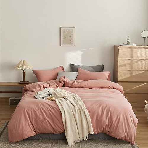 Juego de edredón de color rosa rubor, tamaño matrimonial, juego de ropa de cama de color liso, para mujeres y niñas, edredón suave y transpirable