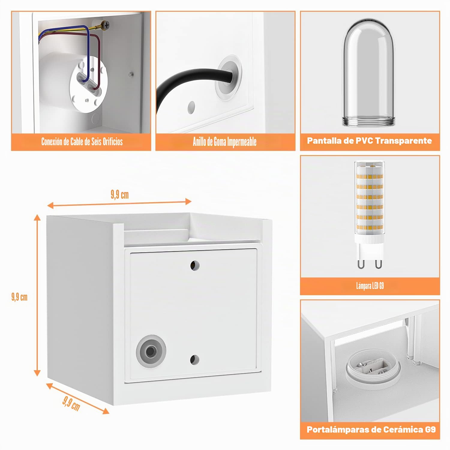 Aplique Pared Interior Blanco Frío, 4 Piezas Lampara de pared Con G9 LED Bombillas Reemplazables Moderno Aplique Pared Exterior Impermeable IP65 Ángulo de haz Ajustable Blanco
