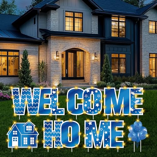 7PCS Blue Welcome Home Yard Signs with Stakes LED Light Blue White Welcome Home Lawn Sign for Patriotic Homecoming Military Army Deployment Returning Family Reunion Garden Yard Decorations