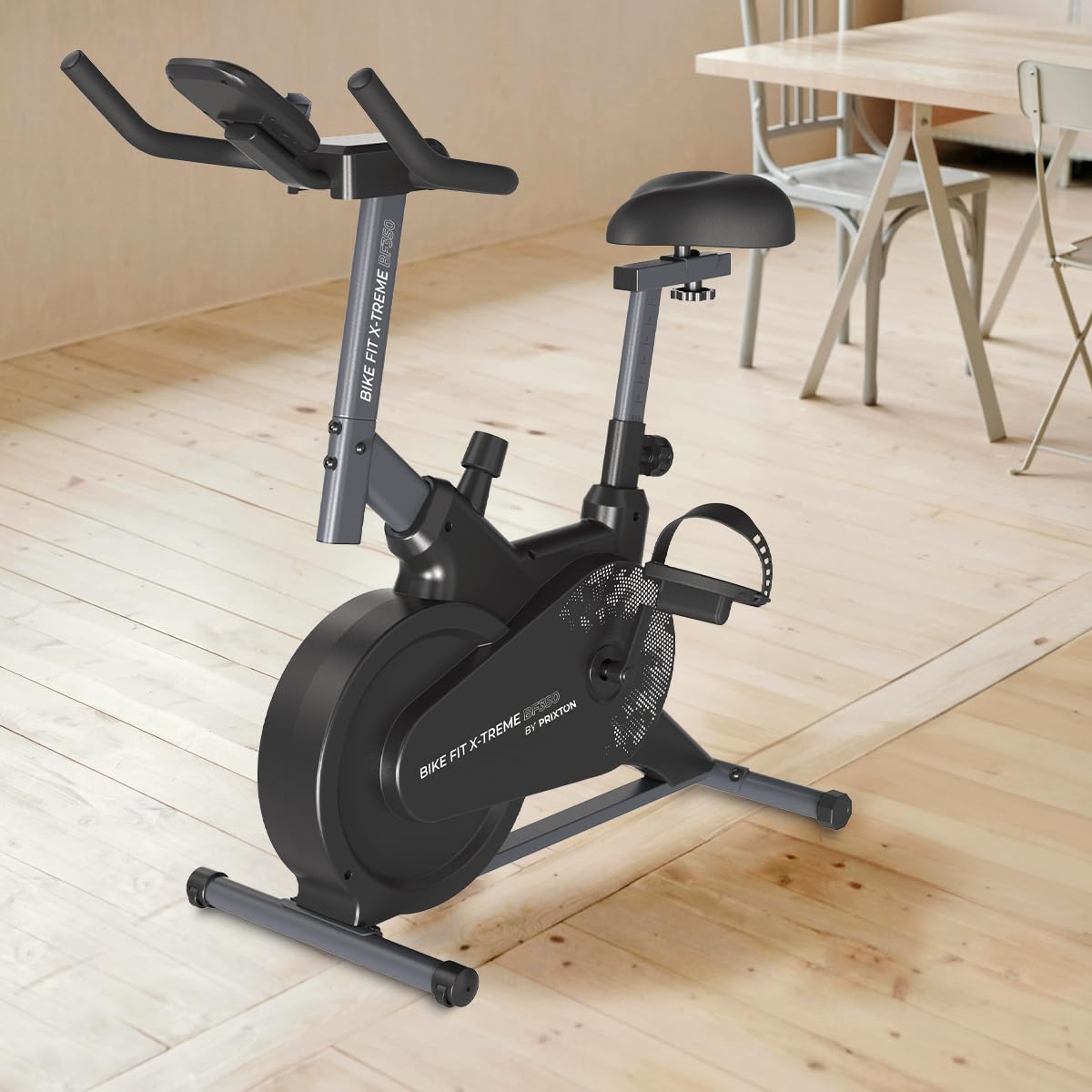 PRIXTON Bicicleta Estática Bike Fit Xtreme para cardio y fitness, Bicicleta de Spinning con Resistencia 6 kg, 7 niveles, Pulsómetro y Pantalla LED, Soporte para dispositivos