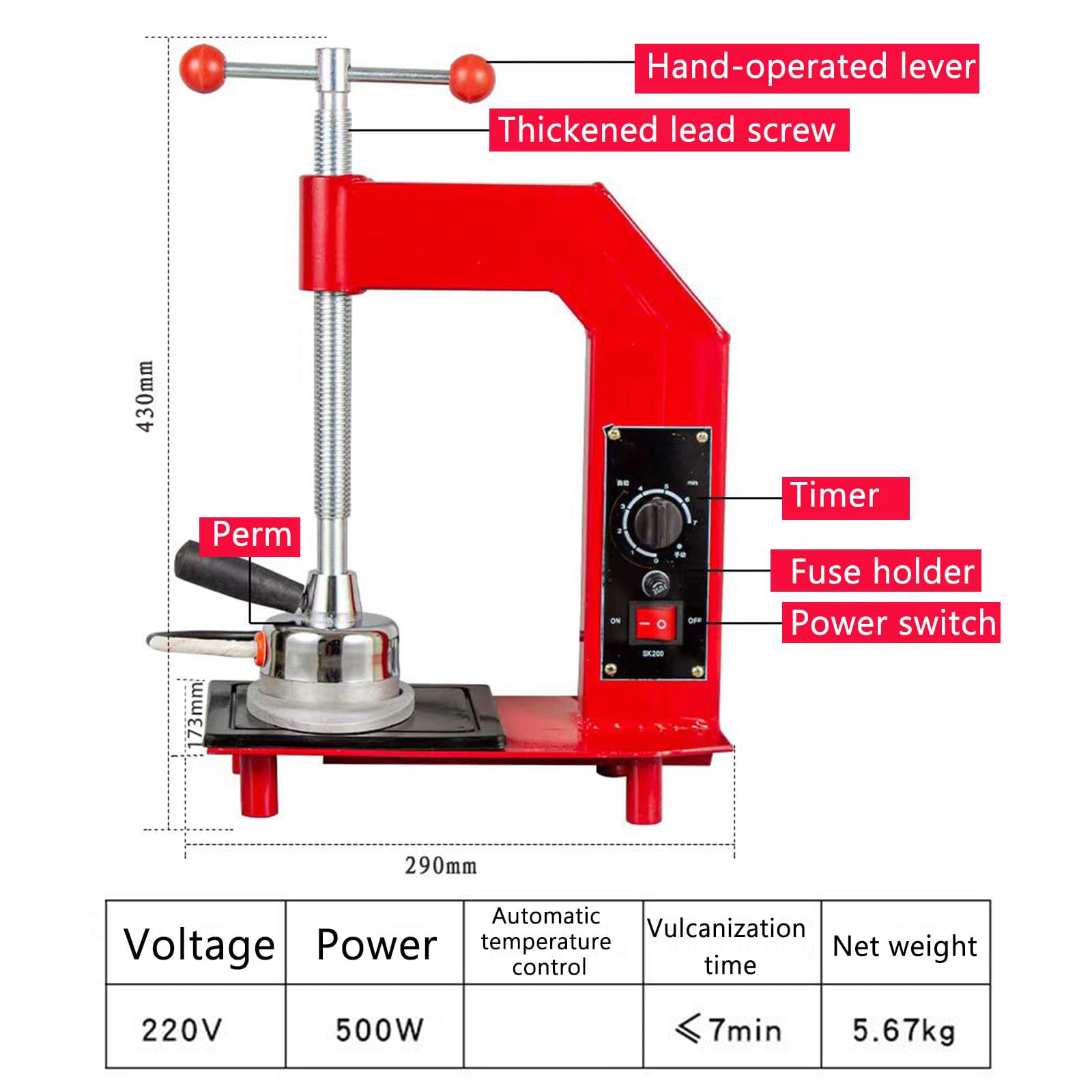 Máquina de reparación de neumáticos con control de temperatura, rango de 140-165 °C, temporizador de 7 minutos, prensa de tornillo manual para reparación de tubos interiores de motocicletas y