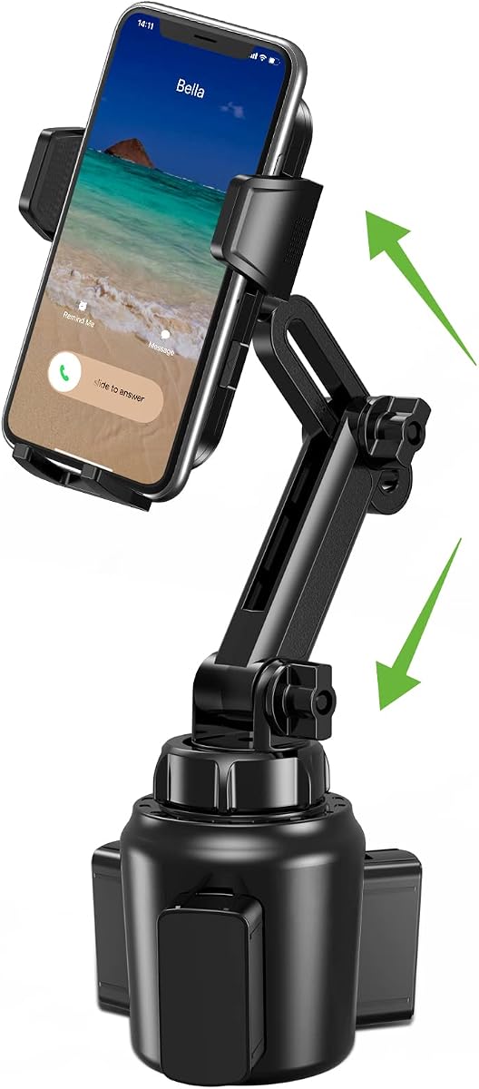 Cup Phone Holder for Car, No Shaking Car Phone Mount with Expandable Base | Adjustable Height 8"-10.8", 360° Rotation, Fits 2.6"-4.0" Cup Holders for iPhone 17 Pro Max to iPhone 11, Samsung, Google