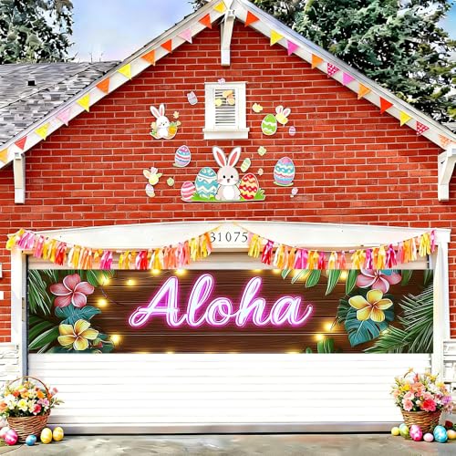 Image of 78.7 x 17.7 Inch Aloha Banner Hawaiian Luau Party Decorations Tropical Summer Yard Decorations Wood Floral Fence Sign Seasonal Outdoor Decor