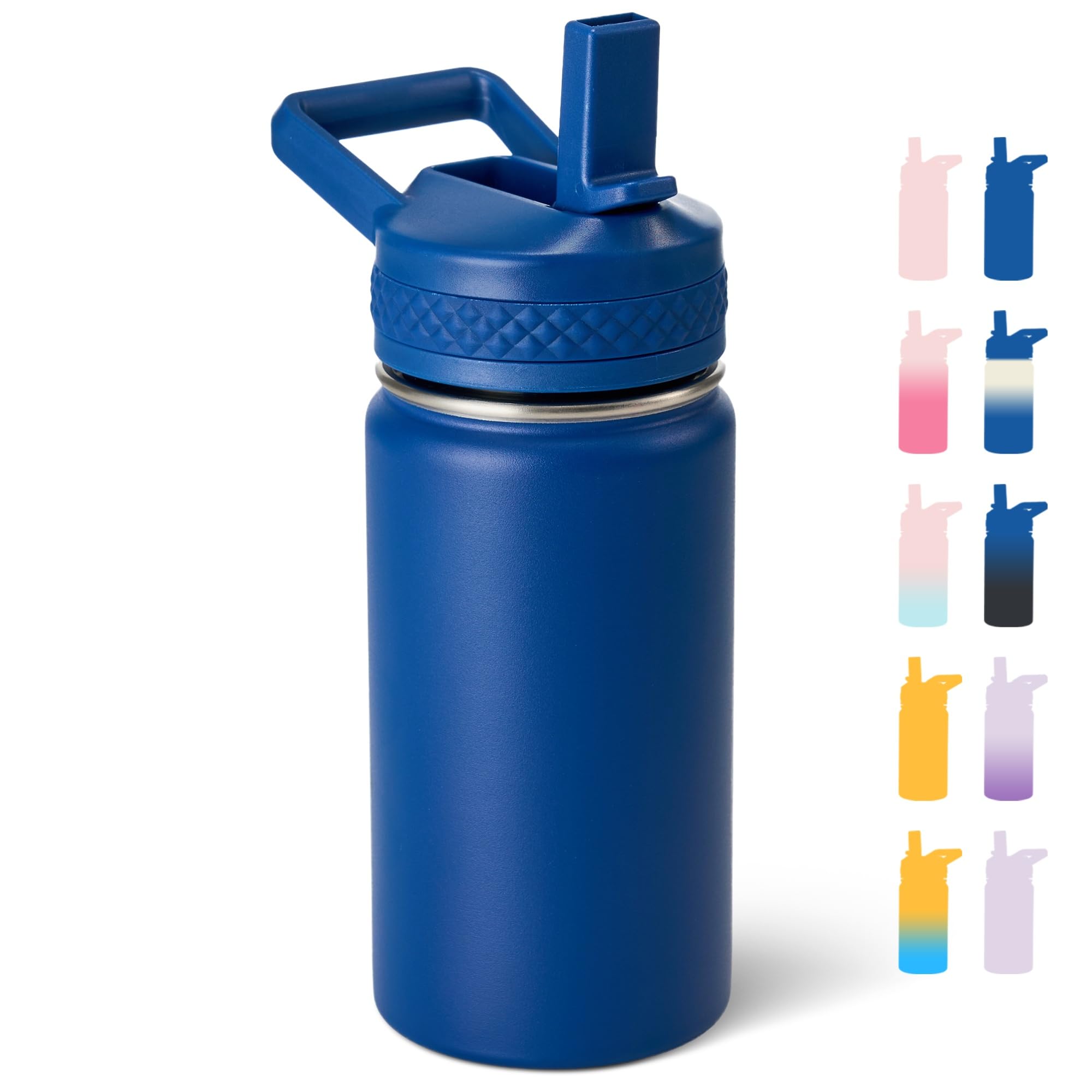 12 oz Kids Water Bottle, Toddler Water Bottle with Straw, Boys&Girls Bottle for School, 304 Stainless Steel Vacuum Insulated Bottle for Kids, BPA-Free, Leak-Proof, Navy blue