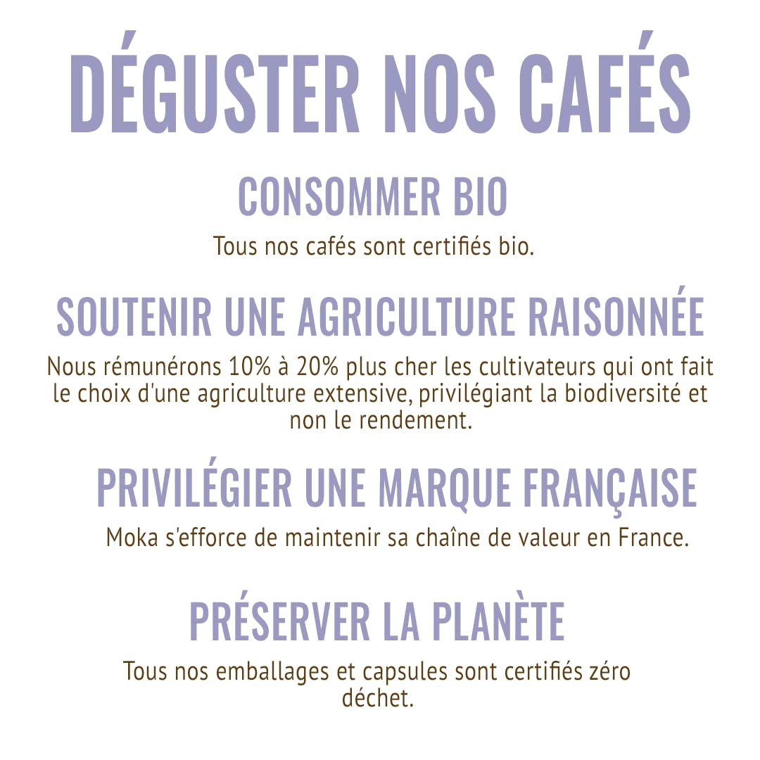 MOKA - 160 Capsules Café Bio d'excellence 100% Pur Arabica Mexique Honduras Ethiopie Pérou - Compatibles avec Nespresso - Intensité 6-8 - Home Compost - Expresso et Lungo - Torréfié en France