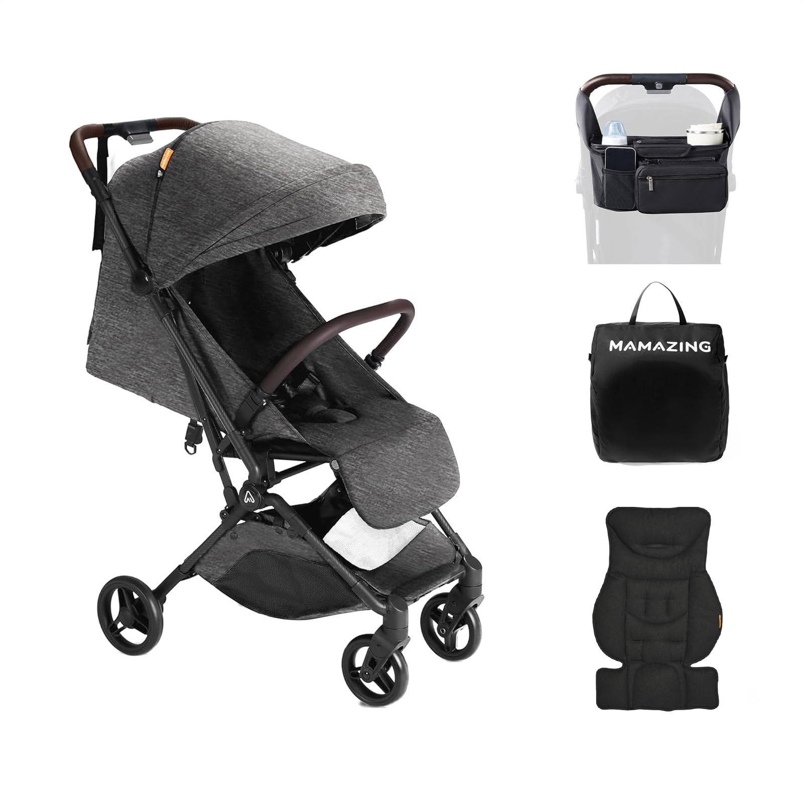 MAMAZING Lightweight Baby Travel Stroller with Carbor Fiber Frame, Compact & Airplane-Friendly, One-Handed Folding Design, 11.6 lbs, Perfect for Toddlers, Organizer & Cushion Included, Black