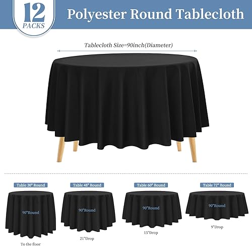 Miniatura 3 de Pesonlook Paquete de 12 manteles redondos color negro de 90 pulgadas de poliéster lavable, mantel negro para mesa de boda, fiesta, banquete,