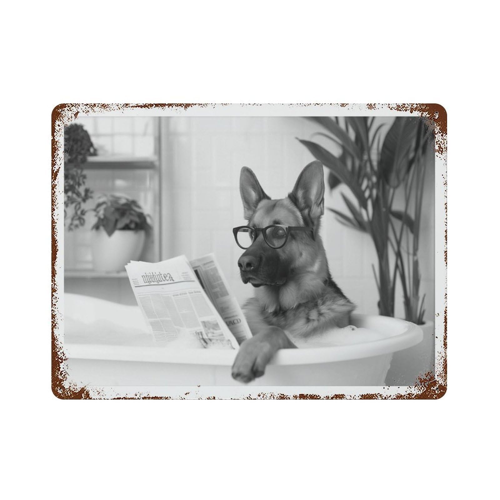 xiaoxiaoshen German Shepherd in Bathtub Dog Reading Newspaper, Funny Bathroom Decor Wall Decor Art Metal Tin Poster Modern Home Decor Art Home Bar Shop Decorations Vintage Sign 30x40cm