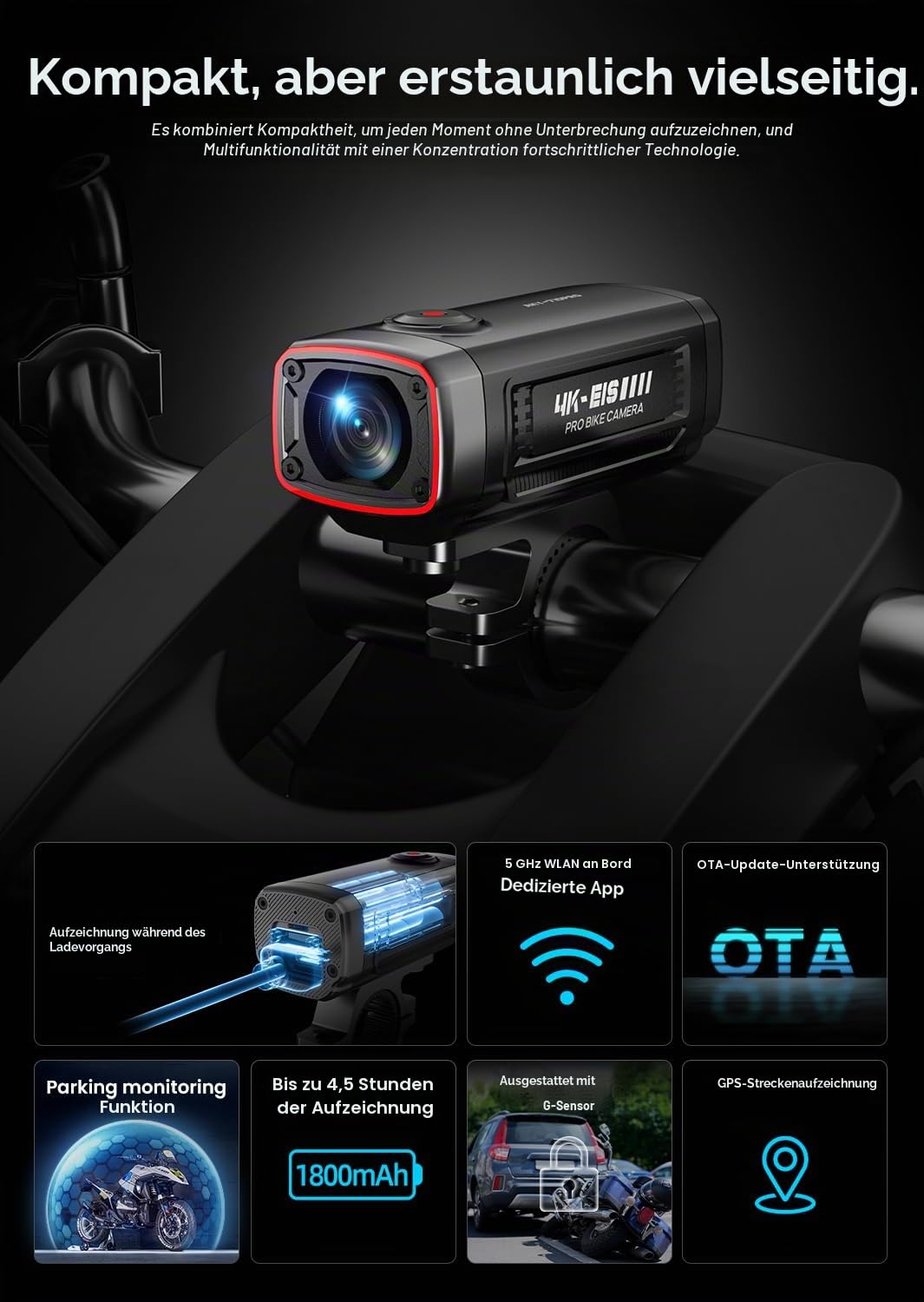 AKEEYO-710Pro EIS Fahrradkamera, 4K28FPS 20MP WiFi Action Kamera mit IP66 Ultra HD wasserdichte Kamera, 142° Weitwinkelansicht mit 64GB Karte, Upgrade Anti-Shake Funktion mit Nachtsicht,G-Sensor,GPS