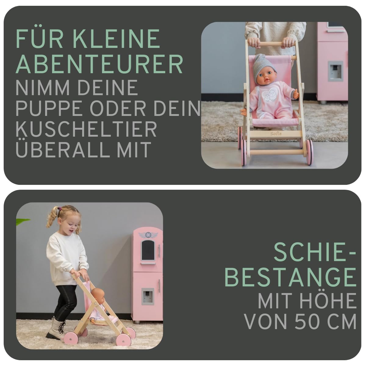 Bandits & Angels Puppenbuggy Lovely Flowers aus Holz – ab 2 Jahren – Puppenwagen aus Holz – für Puppen bis 50 cm – Puppenwagen Rosa mit Blumen – Puppenbuggy