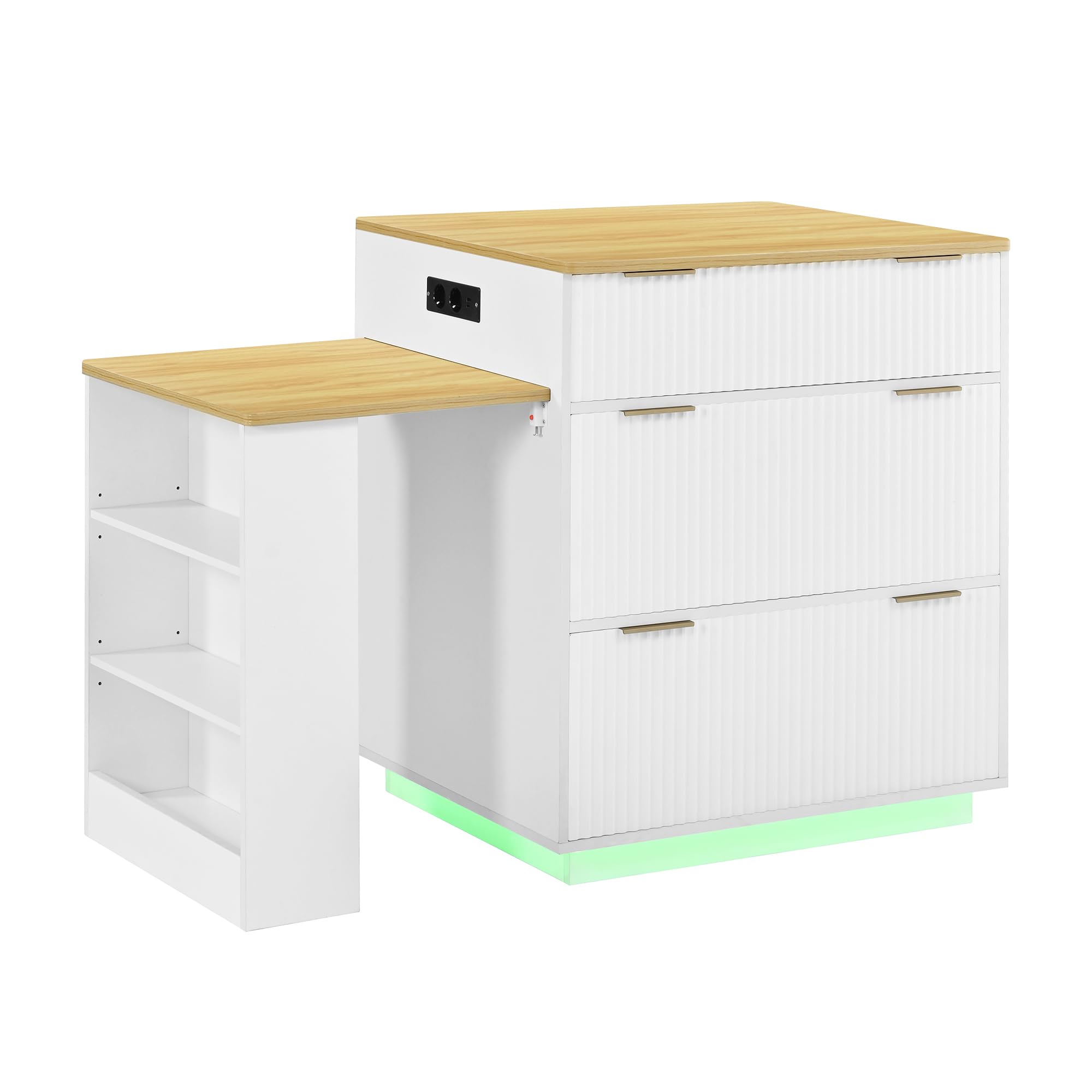Isla de cocina con ruedas, mesa de comedor extensible, estantes ajustables, mesa de cocina con cajones, sirve como cocina y comedor (blanco)