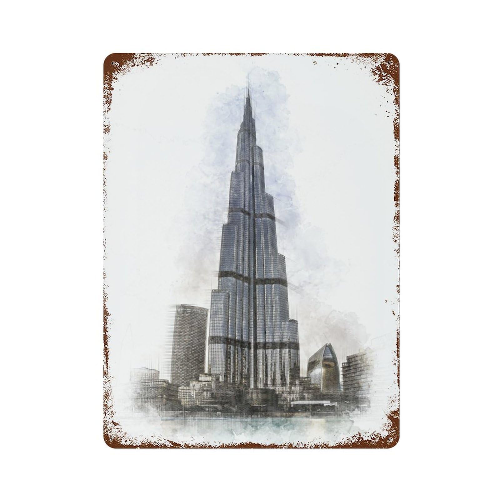 Burj Khalifa Rust Effect Tin Sign 15.7"x11.8", Industrial Home Decor for Garage, Bar And Workshop Decor