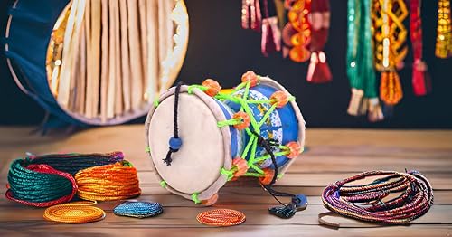 Miniatura 4 de Juego de instrumentos de percusión de tambor de mano de 4 pulgadas, hecho a mano, tradicional, auténtico, madera y cuero, clásico indio, dumroo,
