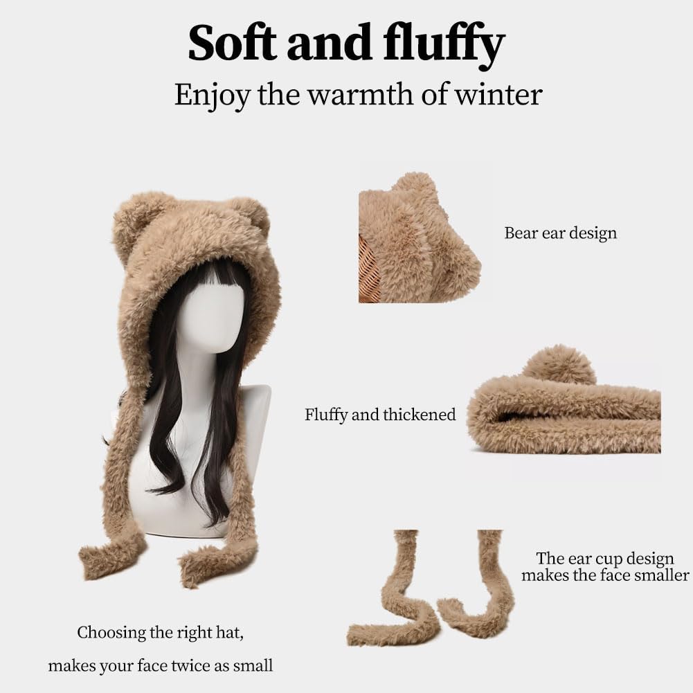 Women Winter Beanie Hats Knit Ear Flaps Cute Stuffed Bear Ears Fleece Lined Fluffy Ski Snow Hat - Image 3