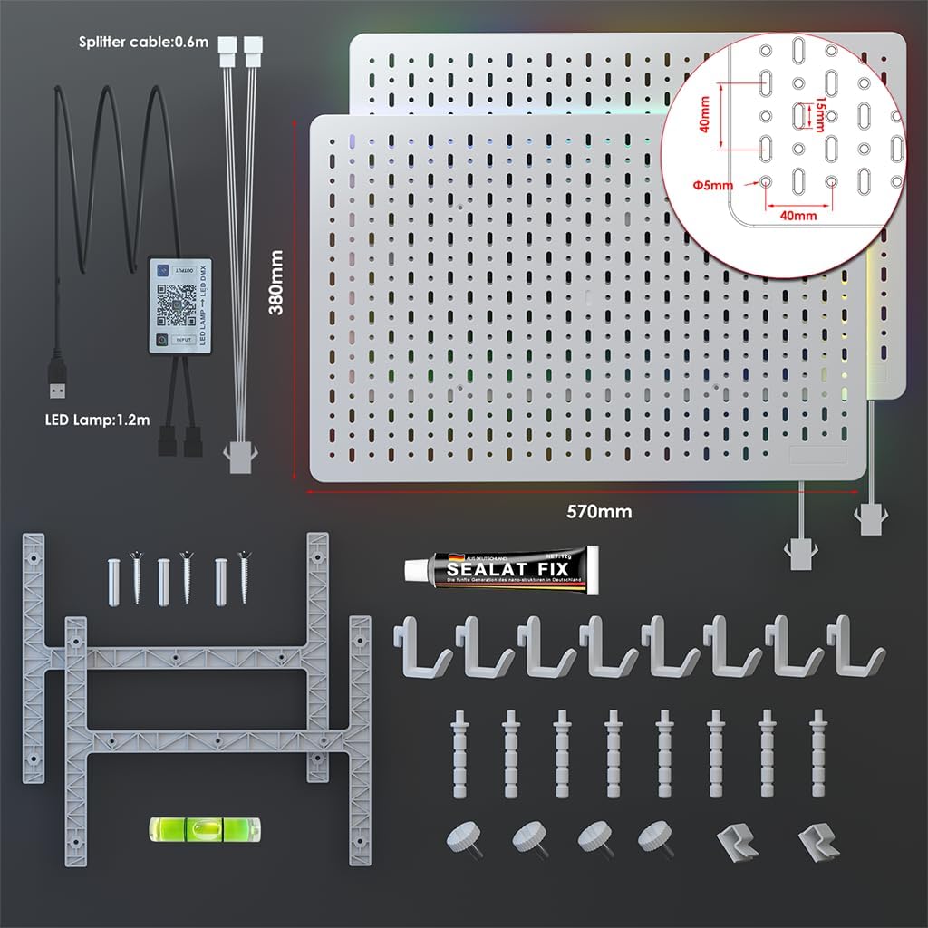 Pegboard Wall Organizer with Built-in RGB Ambient Lighting Strip, White Peg Board with Hooks for Office, Kitchen, Gaming Room, Desk Storage Display Rack, 2PCS 22 * 14.8 inch