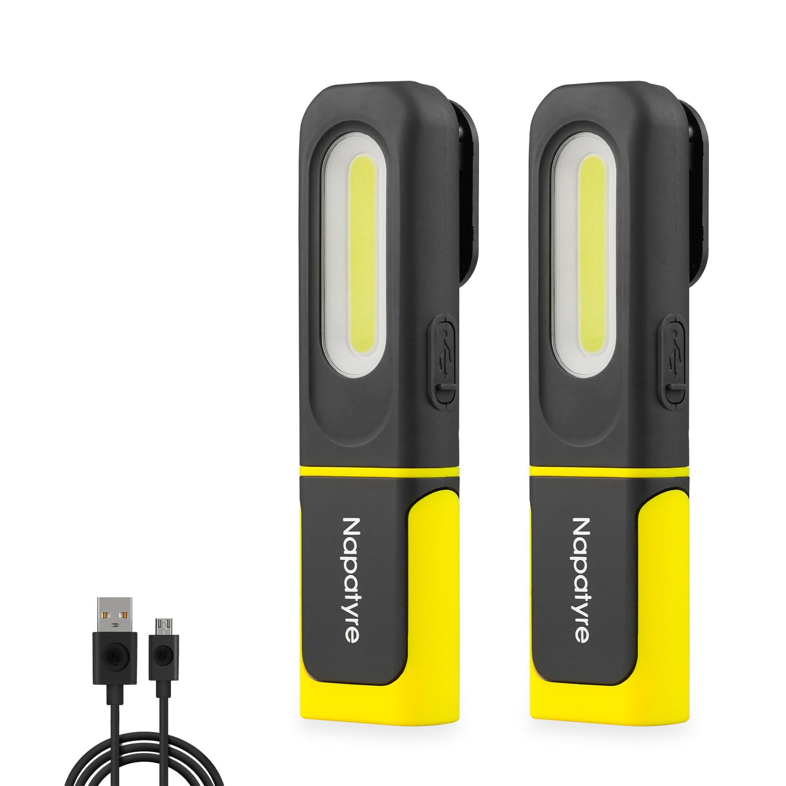 Napatyre Black + Yellow Rechargeable Led Torch, Inspection Lamp, 800Lm Bright Flashlight 3 Modes Rechargeable Work Light With Hanging Hook & Magnetic Base, Magnetic Hand Torch For Home Work Emergency, 2 Pack