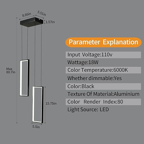 Miniatura 5 de FDPBY Lámpara colgante de cocina moderna negra de 24 W, lámpara colgante LED de 2 anillos, lámpara rectangular para cocina, isla, sala de estar,