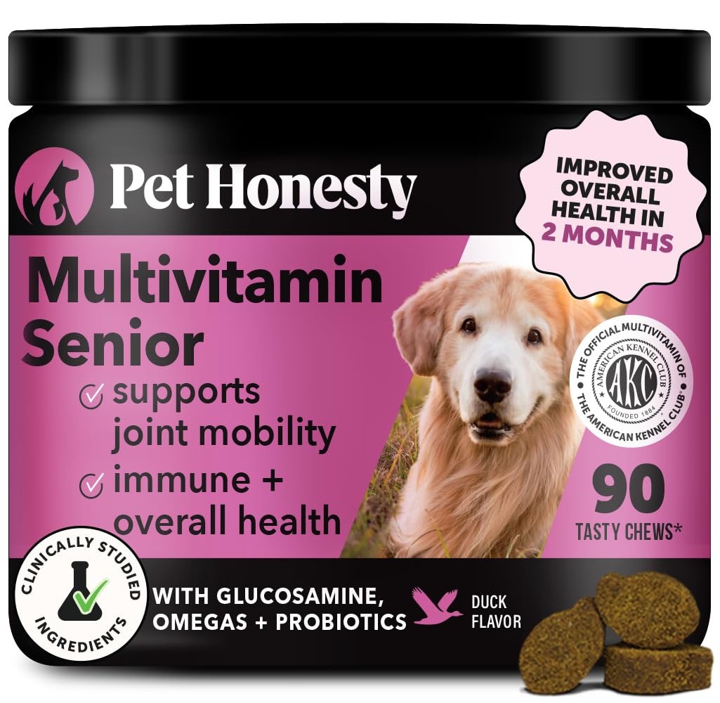 Senior Dog Multivitamin - Essential Dog Vitamins and Supplements - Glucosamine, Probiotics, Omega Fish Oil for Dogs Health & Heart- Dogs Vitamins Health Supplies (Duck 90 ct)