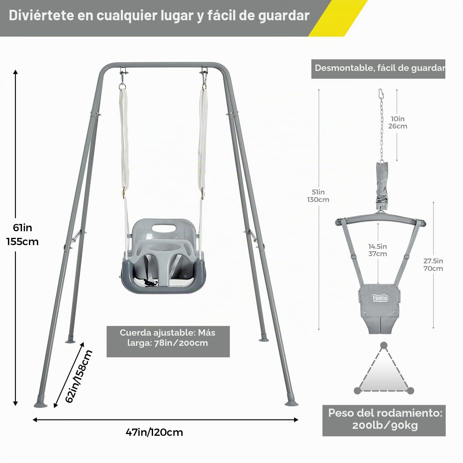 FUNLIO Juego de Columpios 2 en 1 con Saltador de Puerta para Bebés, Columpio y Rebotador para Niños de con 4 Bolsas de Arena, Soporte de Metal Plegable en Interiores/Exteriores, Fácil de Armar - Gris