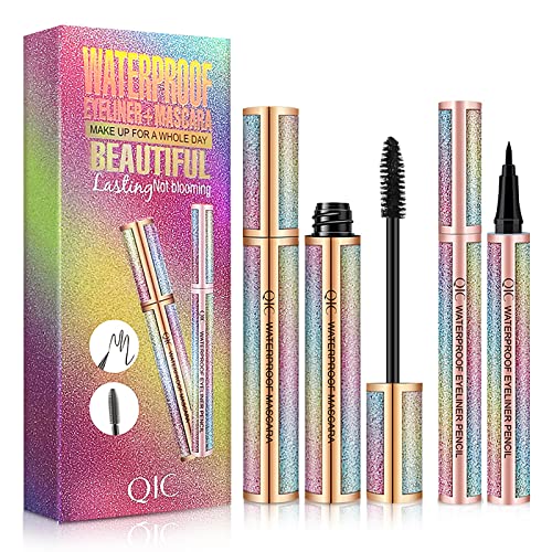 MKNZOME Mascara et Eyeliner Waterproof Noir, Fibre de Soie 4D Longue Durée pour Yeux, Maquillage Femme pour Cosplay, Halloween, Noël et Fêtes